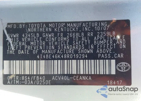 2008 Toyota Camry Le z USA, uszkodzony, nr VIN 4T4BE46K48R019294